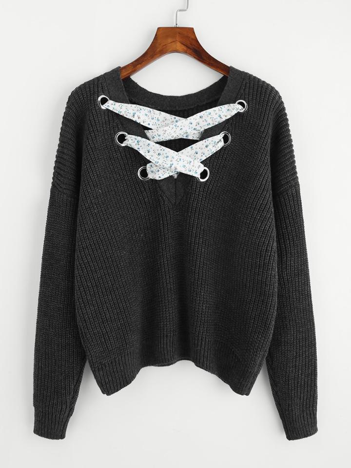 Romwe Grommet Crisscross Drop Shoulder Jumper