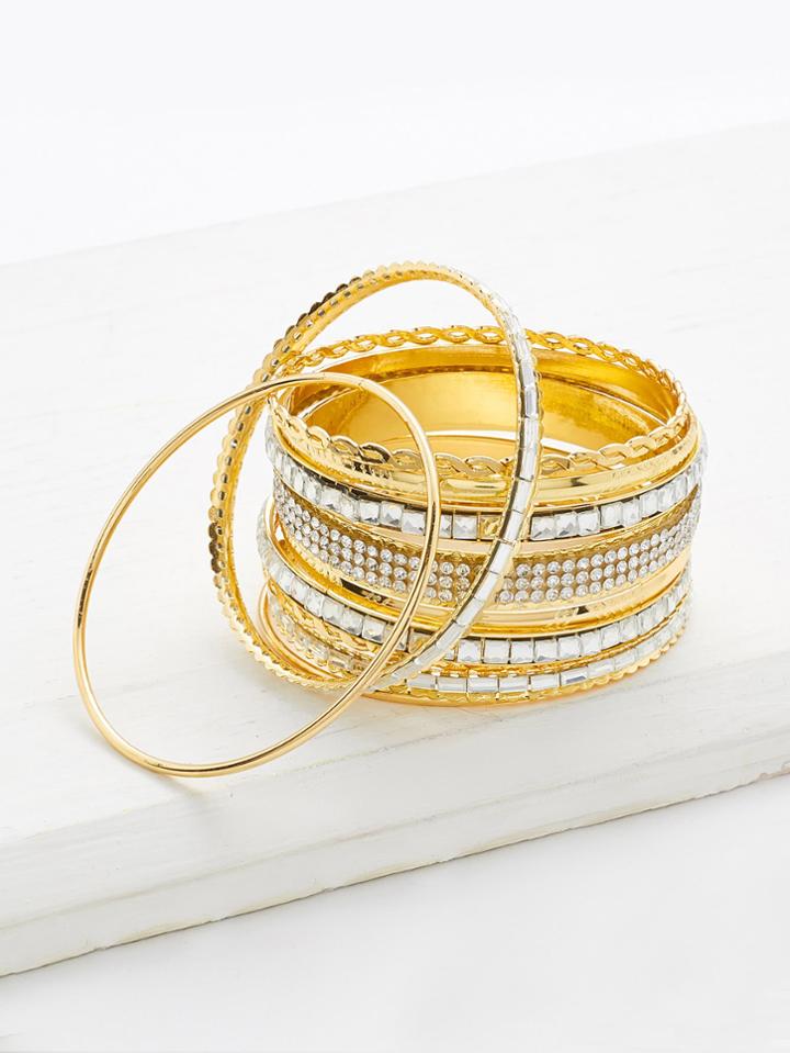 Romwe Rhinestone Embellished Charm Bangle Bracelet Set