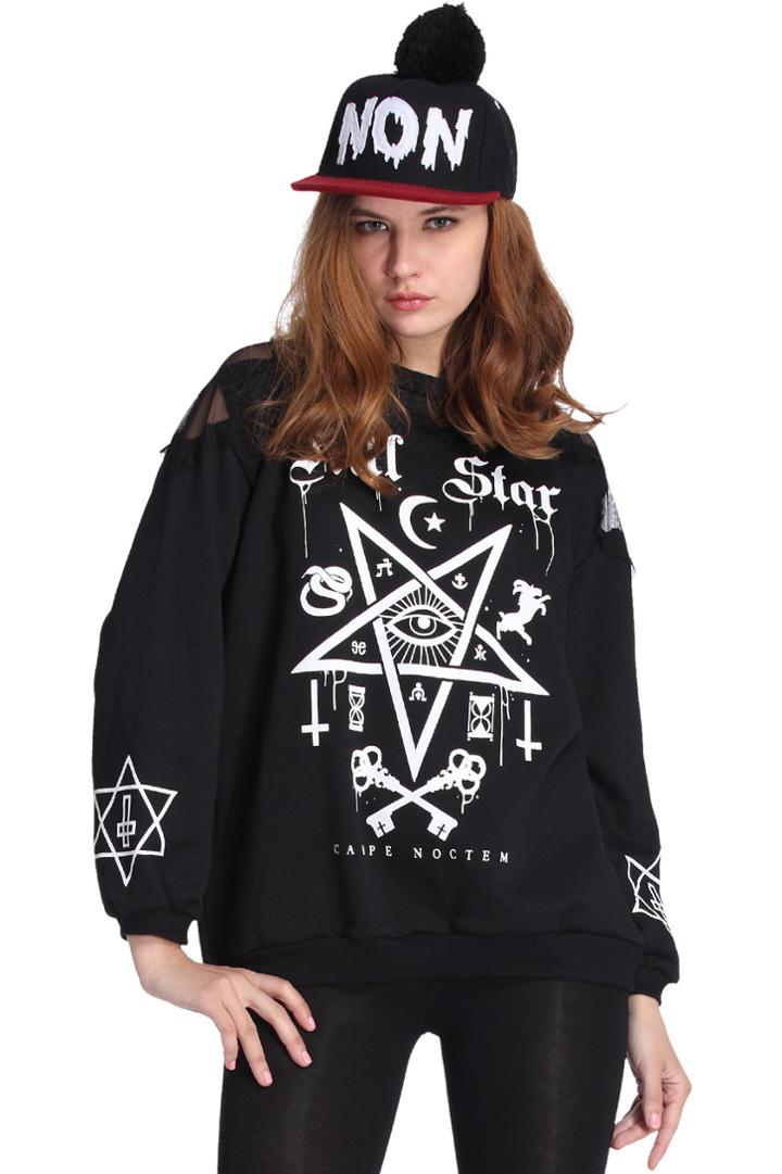 Romwe Moon & Stars Print Black Sweatshirt