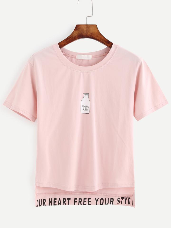 Romwe Pink Letter Print Dip Hem T-shirt