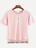 Romwe Pink Letter Print Dip Hem T-shirt