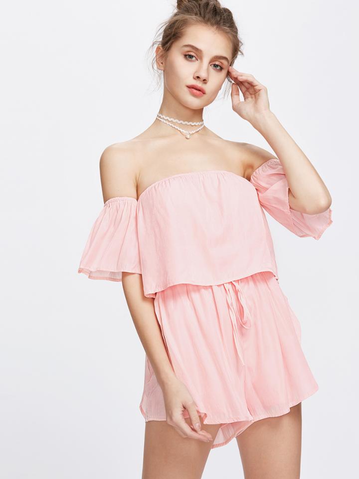 Romwe Pink Off The Shoulder Drawstring Romper