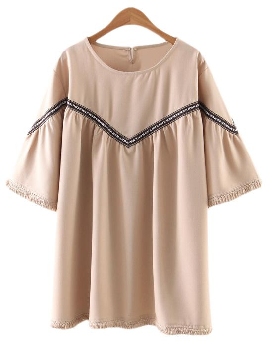 Romwe Apricot Half Sleeve Embroidery Fringed Dress