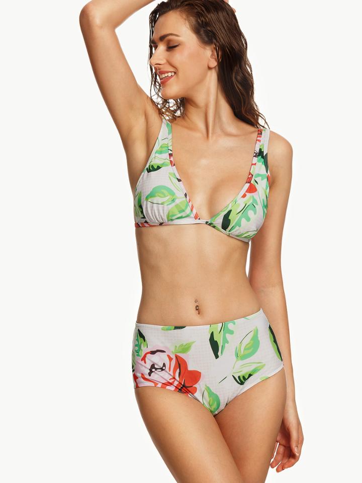 Romwe White Rose Print Bikini Set