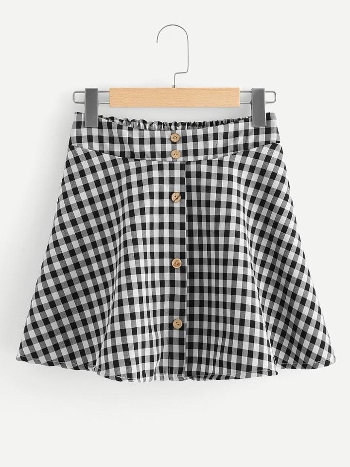 Romwe Button Front Gingham Skirt