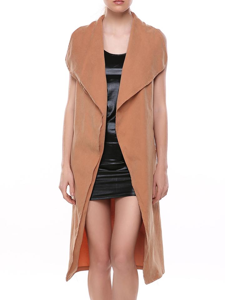 Romwe Lapel Belt Long Khaki Coat