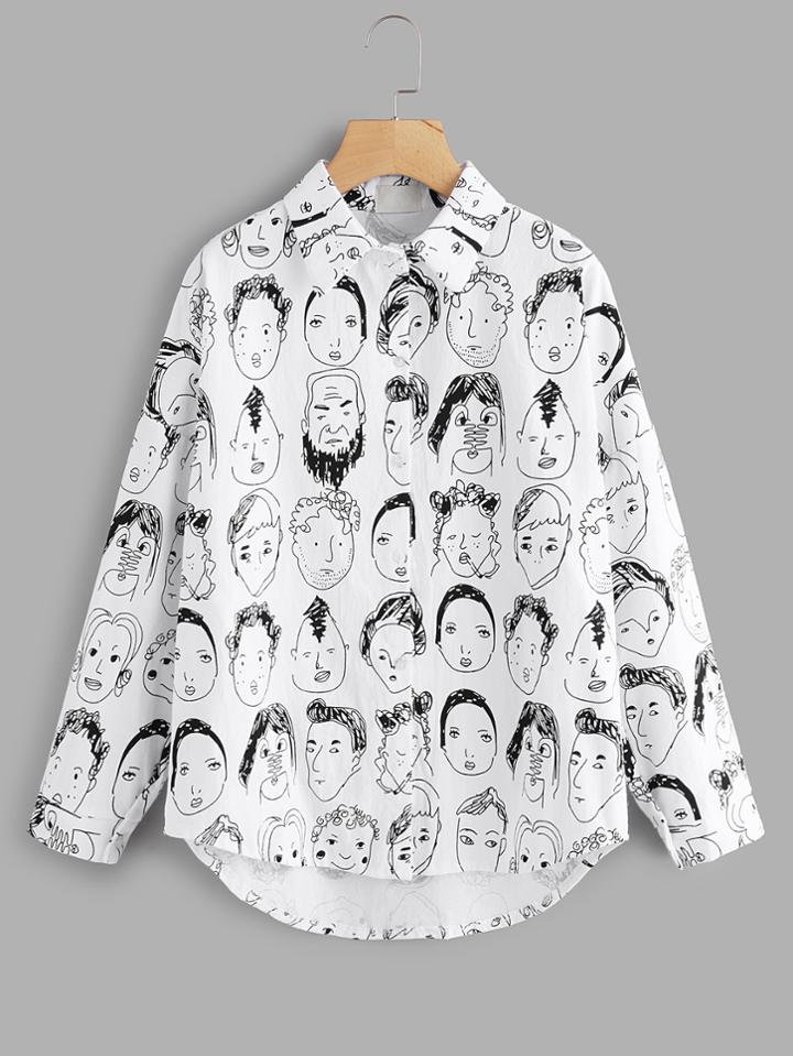 Romwe Figure Print Single Breasted Shirt