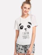 Romwe Panda Print Tee And Drawstring Shorts Pj Set