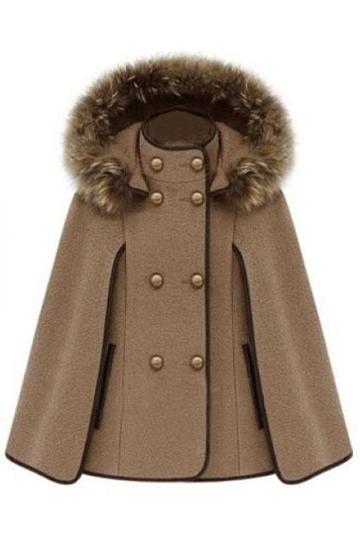 Romwe Double Breasted Camel Cape Coat