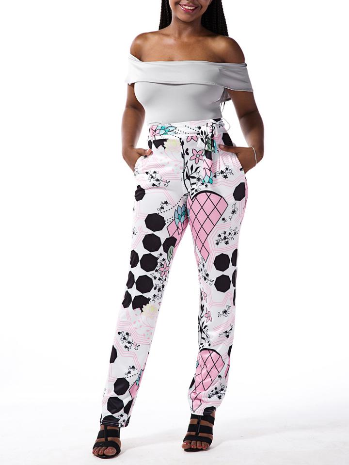 Romwe Multicolor Ruffled Off The Shoulder Top With Printed Pants