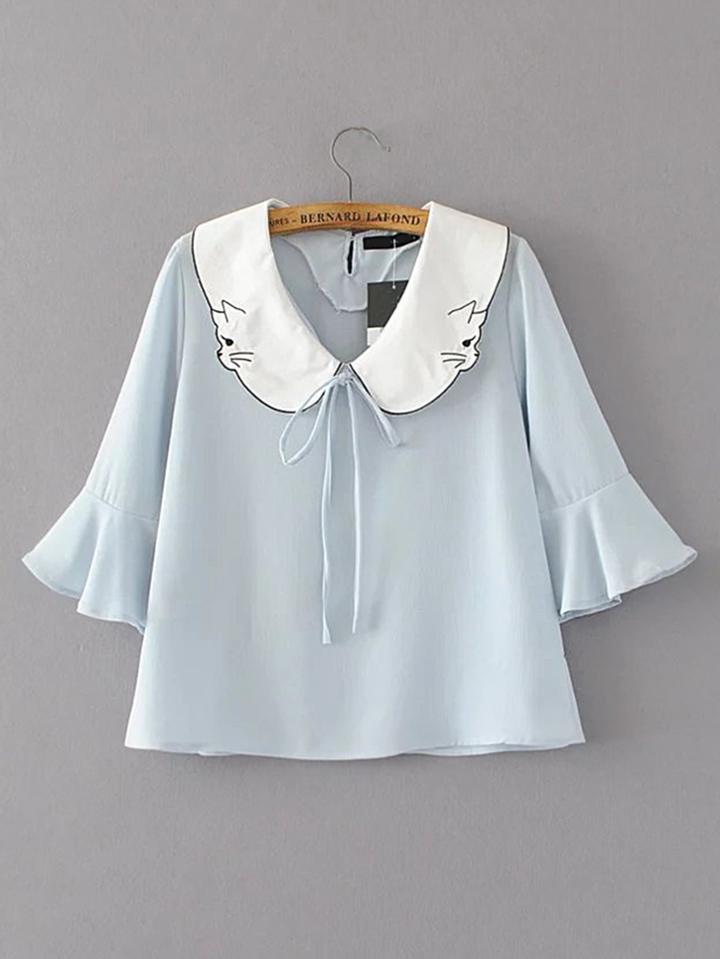 Romwe Contrast Collar Bell Sleeve Tie Detail Cute Top