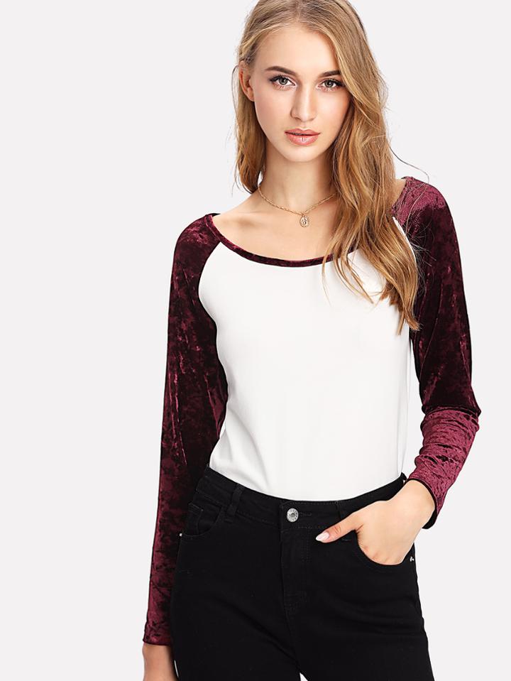 Romwe Crushed Velvet Raglan Sleeve T-shirt