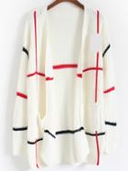 Romwe With Pockets Striped Knit White Cardigan