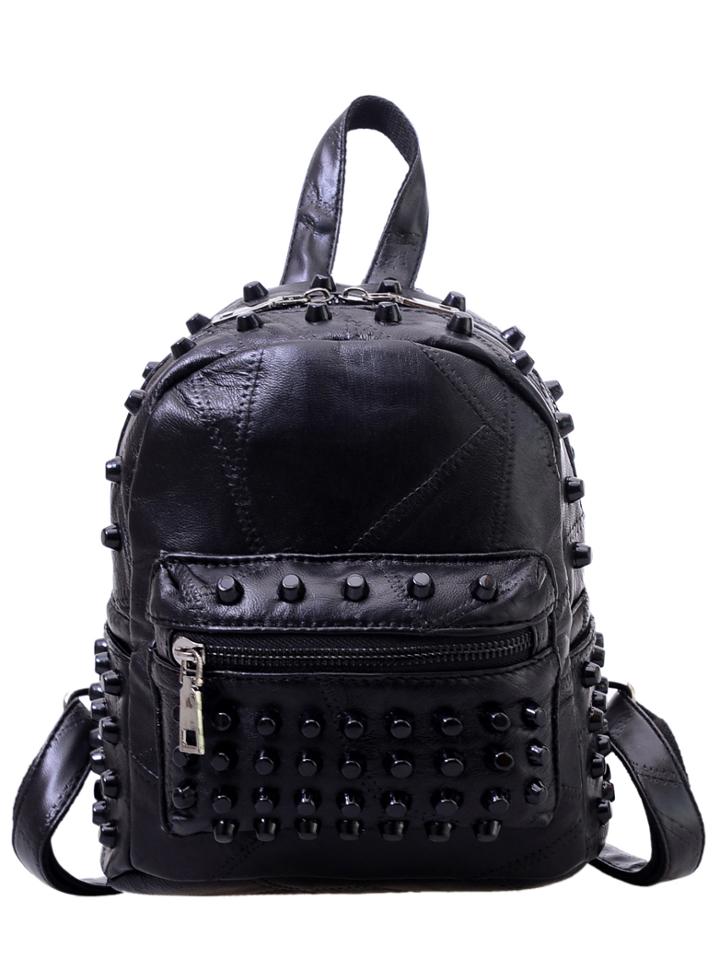 Romwe Studded Faux Leather Patchwork Backpack - Black