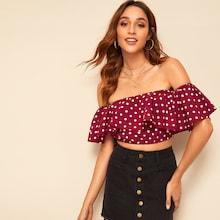 Romwe Exaggerate Ruffle Yoke Polka Dot Crop Top