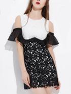 Romwe Ruffle Open Shoulder Contrast Lace Dress - Black