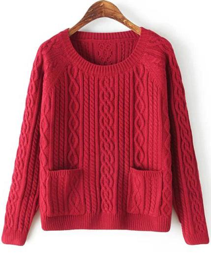 Romwe Cable Knit Pockets Red Sweater