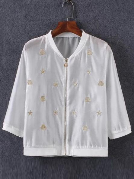Romwe Shell Embroidered Zipper Bomber Jacket