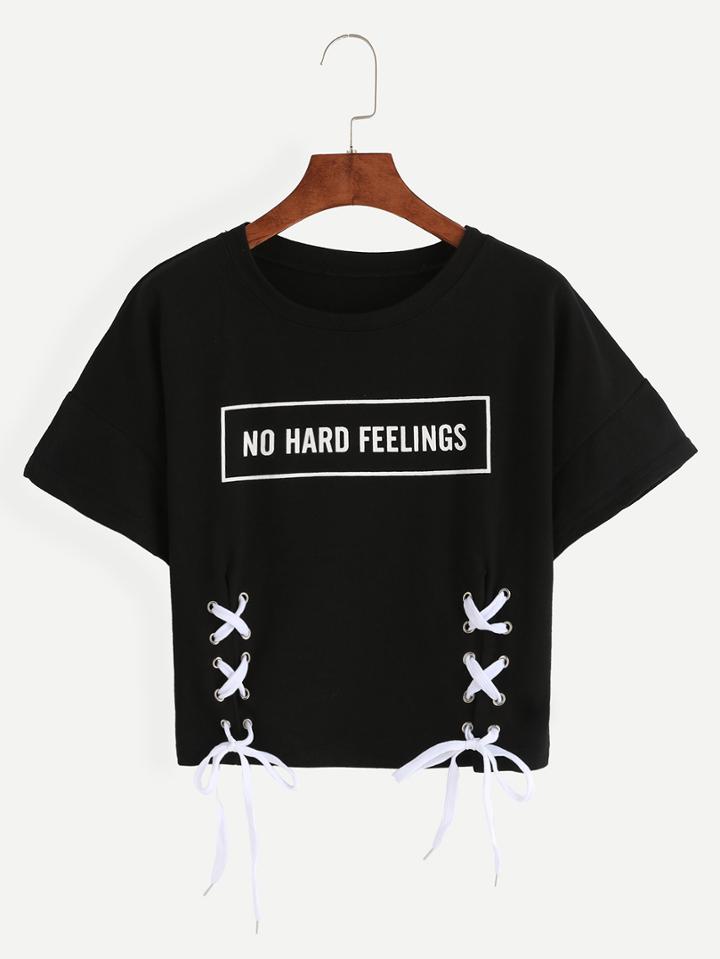 Romwe Black Letter Print Lace-up Crop T-shirt