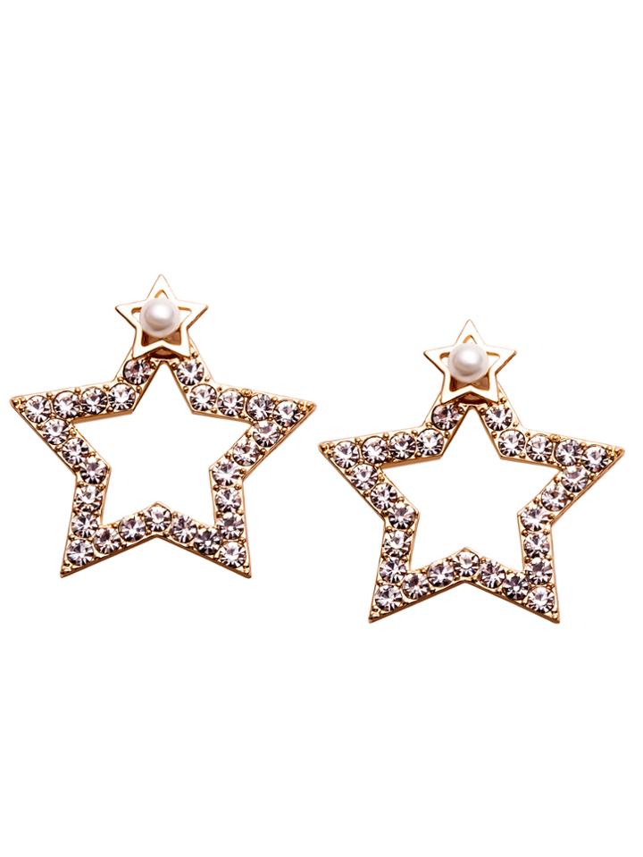 Romwe Gold Hollow Star Rhinestone Stud Earrings