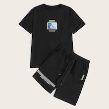 Romwe Guys Letter Print Tee With Drawstring Shorts