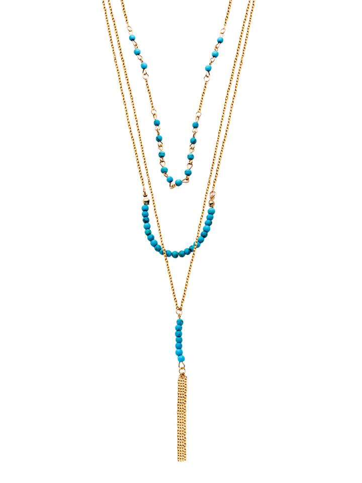 Romwe Gold Plated Turquoise Layered Beaded Tassel Necklace