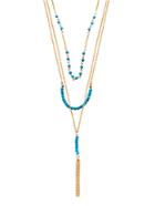 Romwe Gold Plated Turquoise Layered Beaded Tassel Necklace