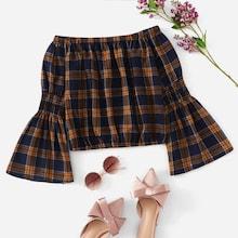 Romwe Off Shoulder Checked Flounce Sleeve Top