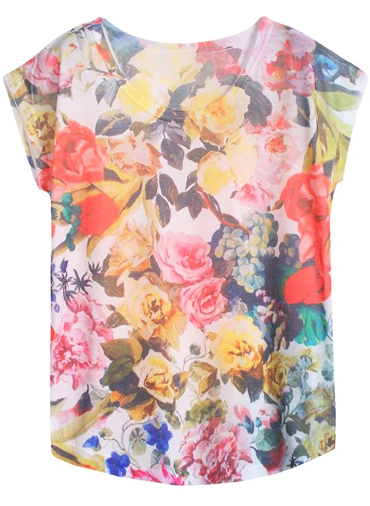 Romwe Flowers Casual T-shirt