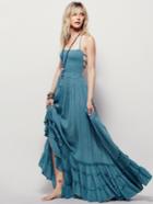 Romwe Blue Strappy Backless Shirred Tiered Hem Maxi Dress