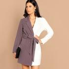 Romwe Notch Collar Pinstripe Two-tone Dress