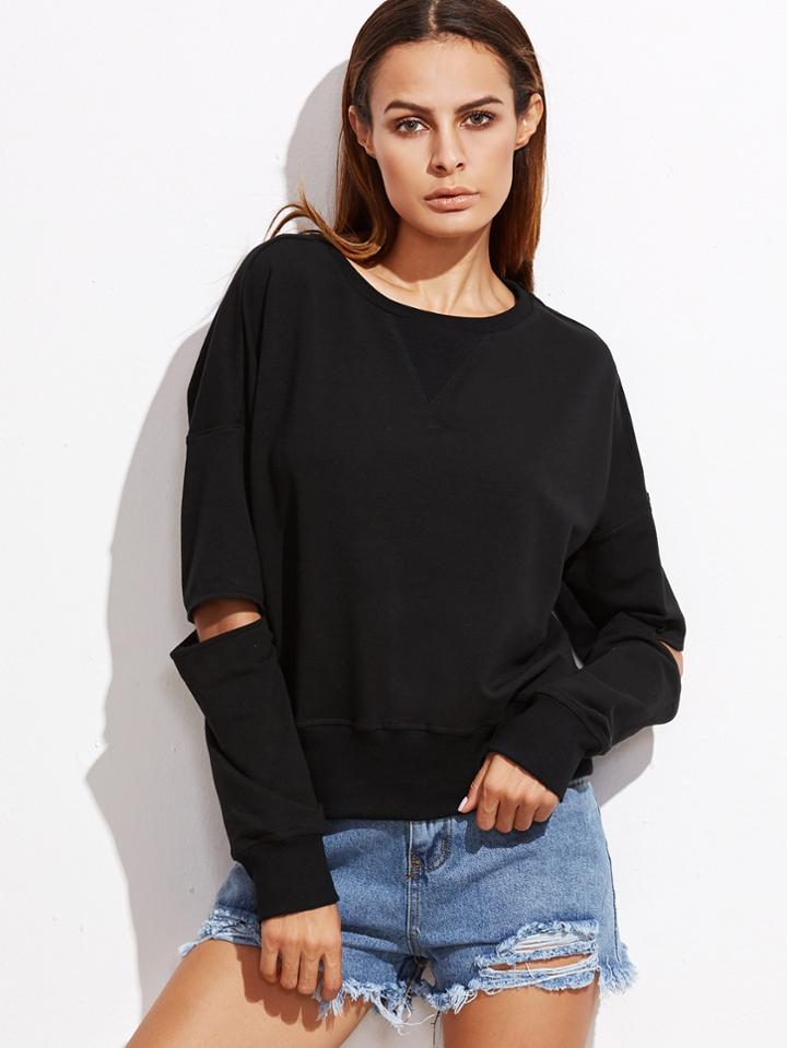 Romwe Black Drop Shoulder Open Elbow Sweatshirt