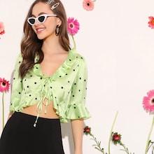 Romwe Ruffle Trim Tie Front Polka Dot Satin Crop Top
