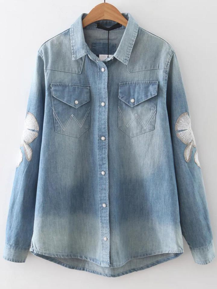 Romwe Blue Embroidery Sleeve High Low Denim Blouse