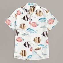 Romwe Guys Button Front Fish Print Shirt