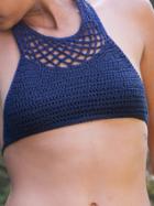 Romwe Hollow Out Halter Neck Crochet Bikini Top - Blue