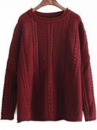 Romwe Cable Knit Dolman Wine Red Sweater