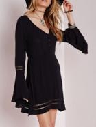 Romwe V Neck Bell Sleeve Hollow Out Trapeze Dress