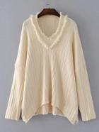 Romwe Frayed V Cut Asymmetrical Ribbed Knit Sweater