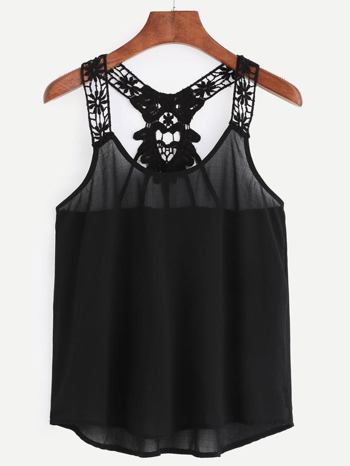 Romwe Crochet Y Back Black Tank Top