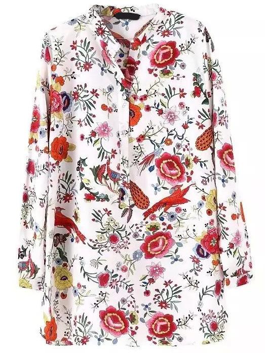Romwe Stand Collar Florals Blouse