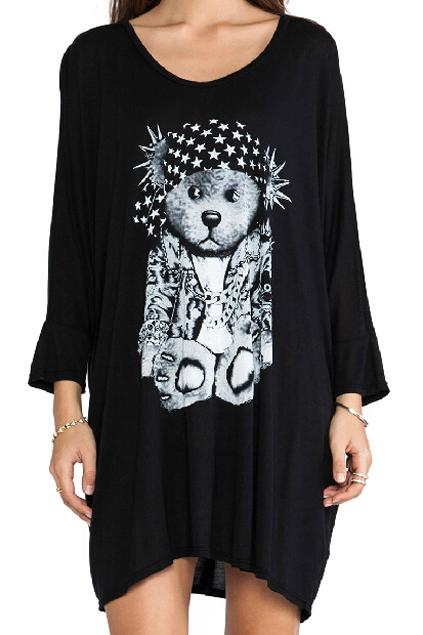 Romwe Cute Bear Print Loose Black Dress