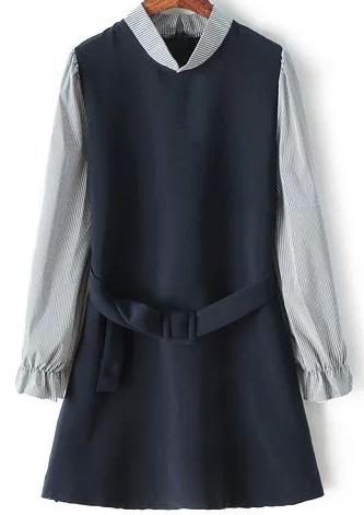 Romwe Stand Collar Belted Dress