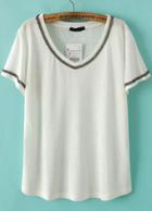 Romwe White V Neck Short Sleeve Bead T-shirt