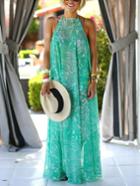 Romwe Halter Leaves Print Maxi Beachy Dress