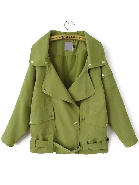 Romwe Lapel With Pockets Self-tie Green Coat