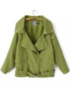 Romwe Lapel With Pockets Self-tie Green Coat