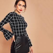 Romwe Bell Sleeve Grid Top