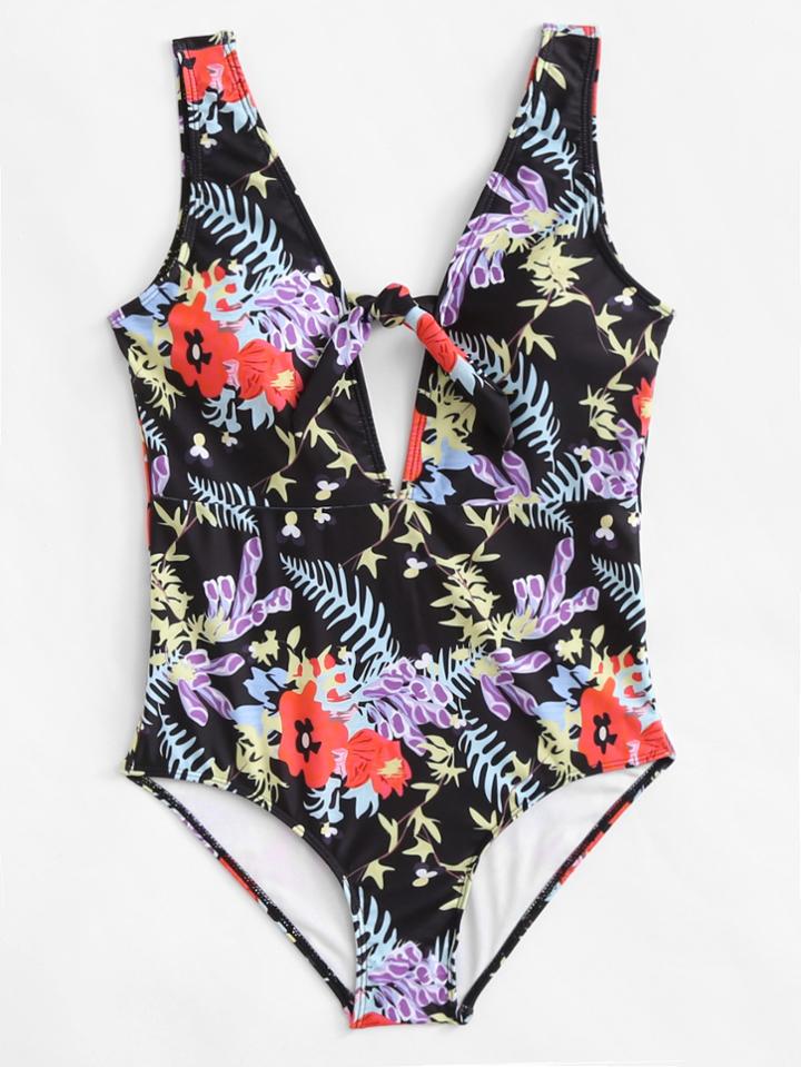 Romwe Flower Print Knot Swimsuit