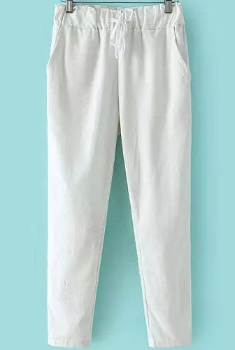 Romwe Elastic Waist Drawstring With Pocket White Pant